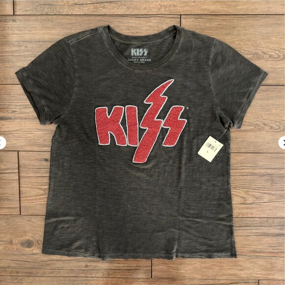 Lucky Brand Tops - Lucky Brand KISS Beaded Logo Band Tee Vintage Wash Black Size L